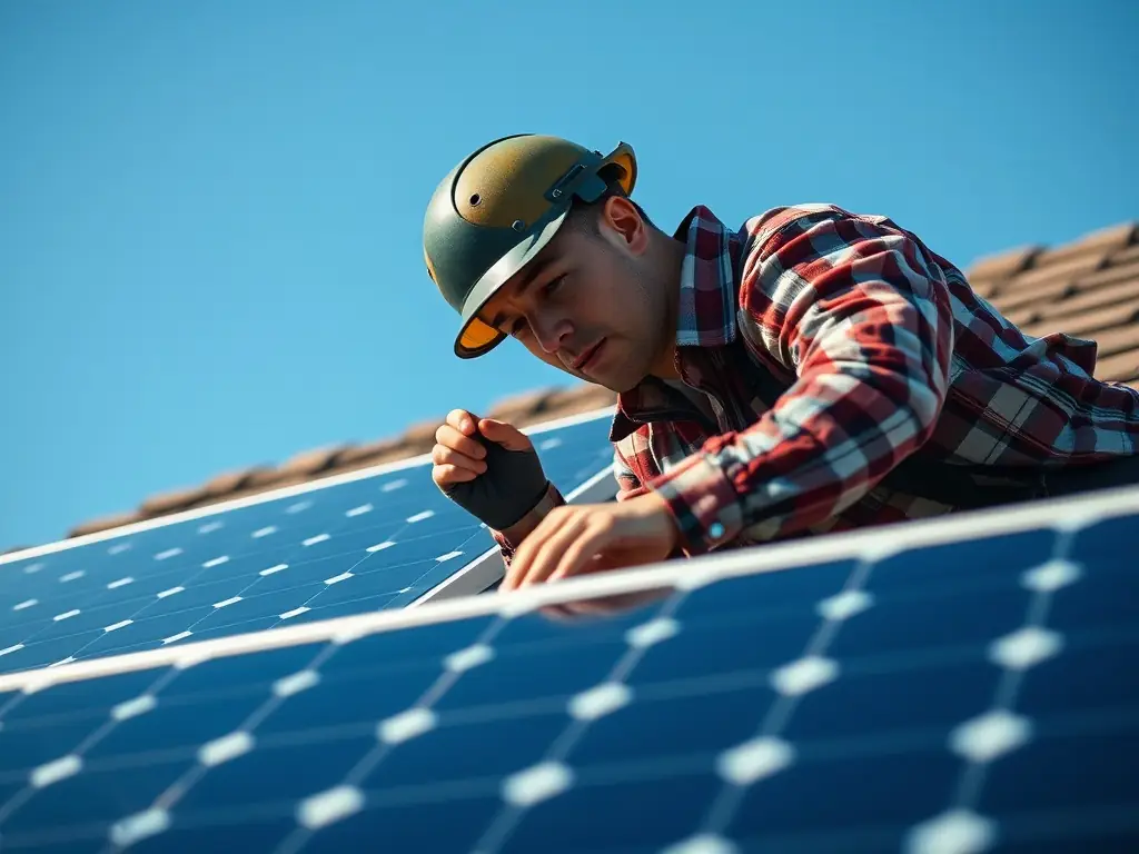 A professional technician installing high-efficiency solar panels on a residential rooftop, showcasing the modern design and seamless integration with the home's architecture.