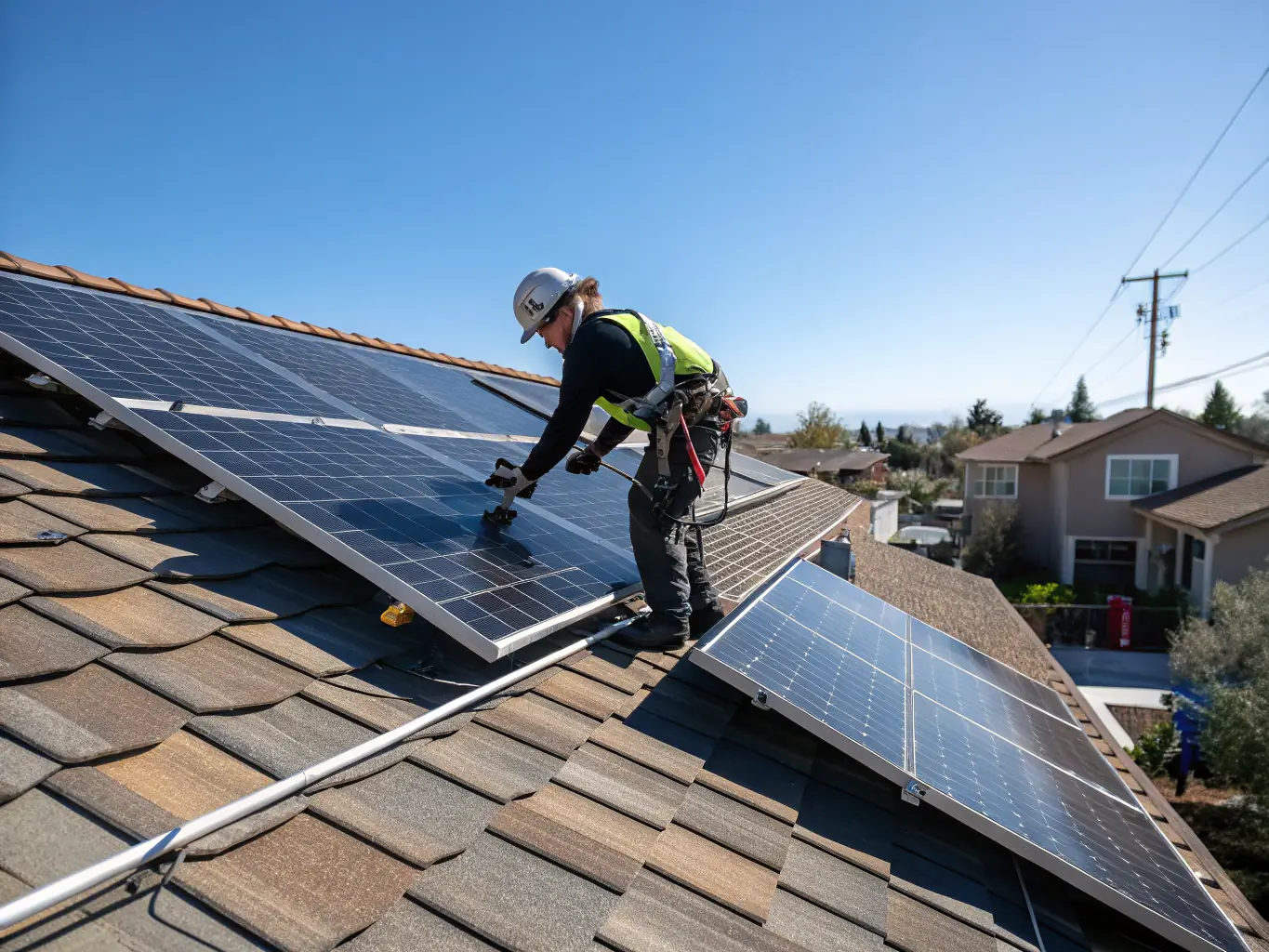 A professional technician installing solar panels on a pitched roof with a city skyline in the background, showcasing Candela Sun's photovoltaic solar system installation service.