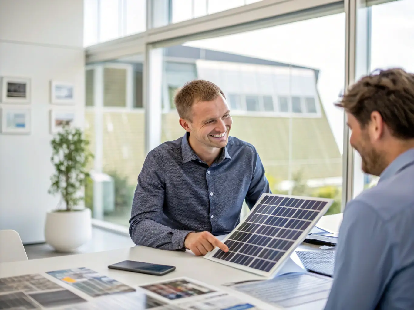A Candela Sun consultant discussing solar options with a homeowner in front of their house, illustrating the consulting and custom energy concepts service.
