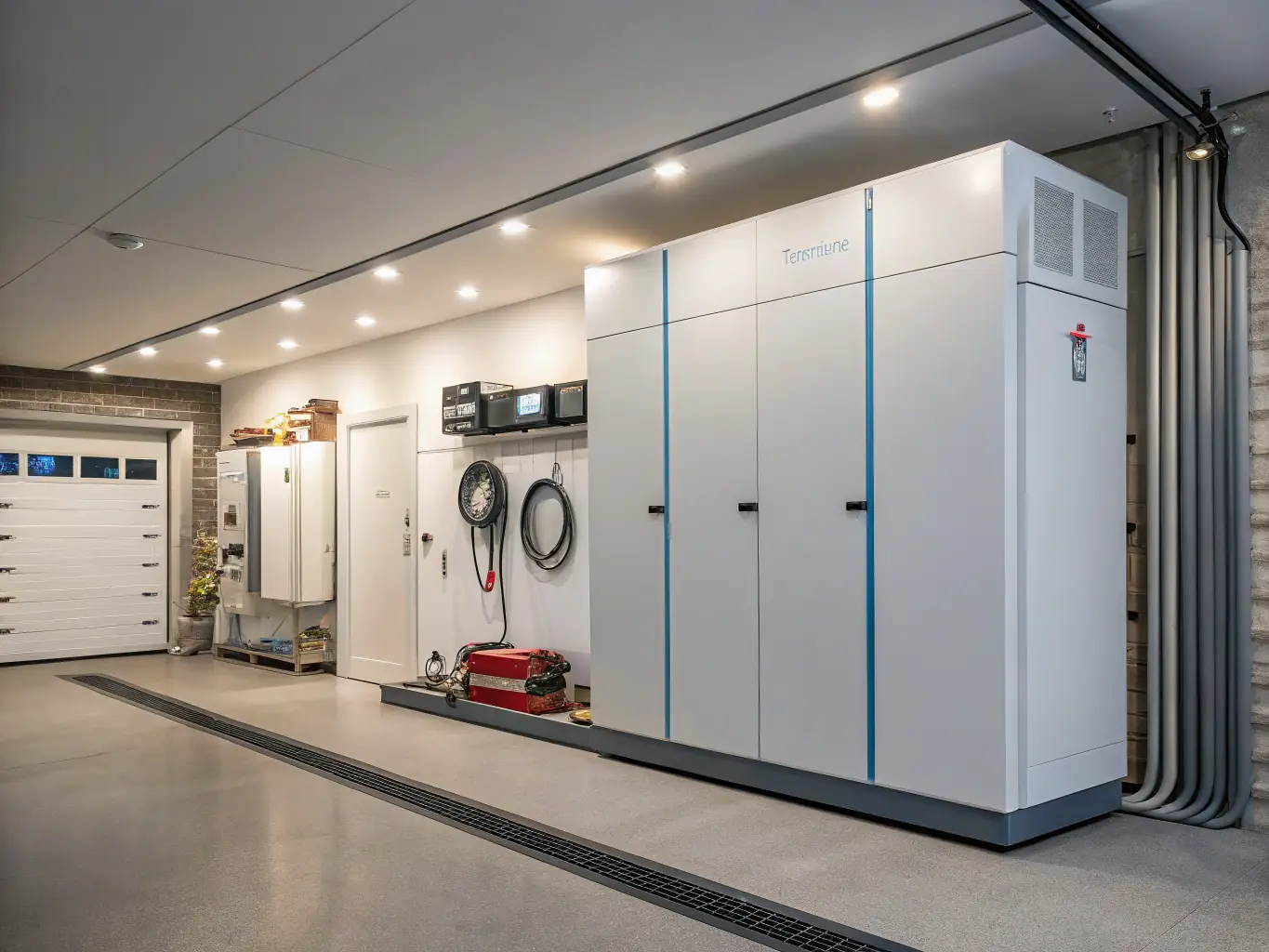 A sleek, modern solar battery storage unit installed in a home, highlighting its compact design and seamless integration with the home's electrical system.