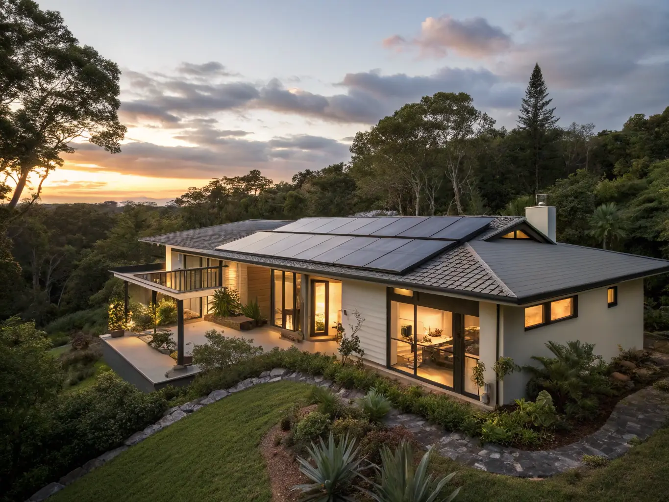 A modern house with a flat roof completely covered in solar panels, showcasing efficient space utilization and clean energy generation.