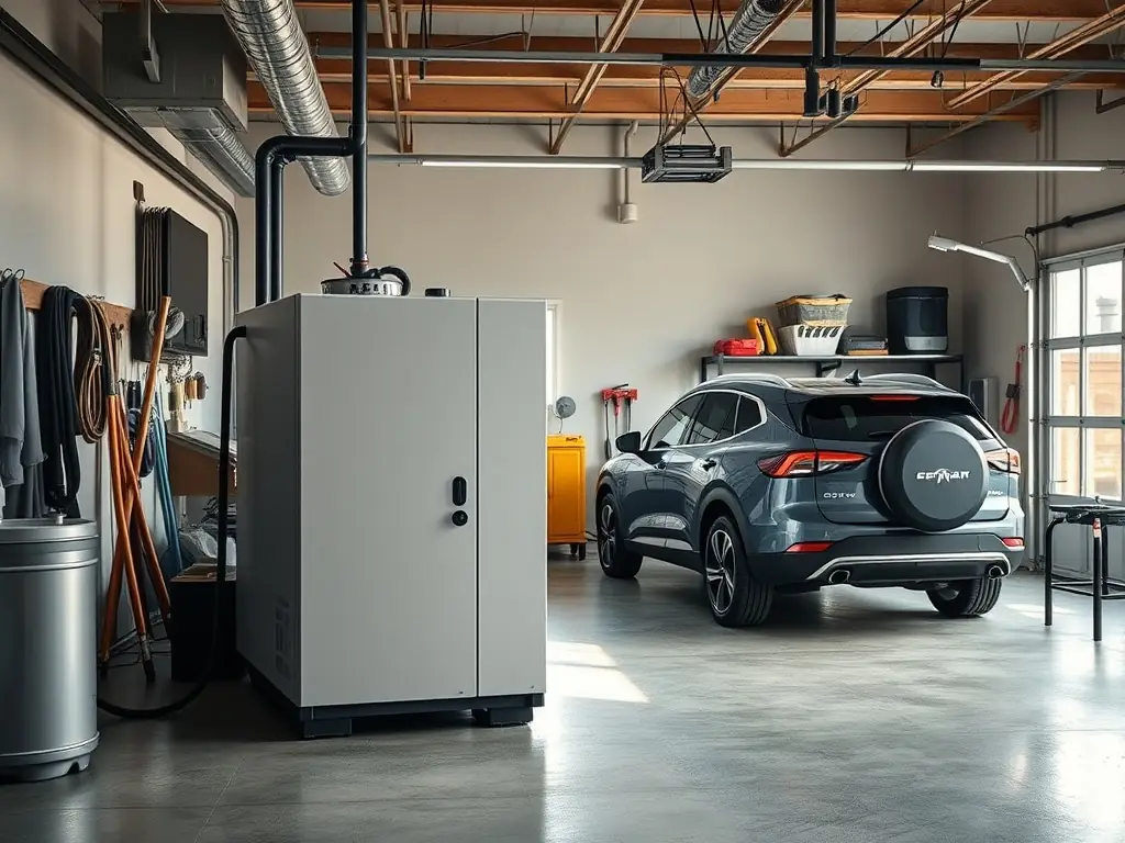 A sleek home battery storage unit installed in a modern garage with solar panels visible on the roof, representing Candela Sun's solar storage solutions.