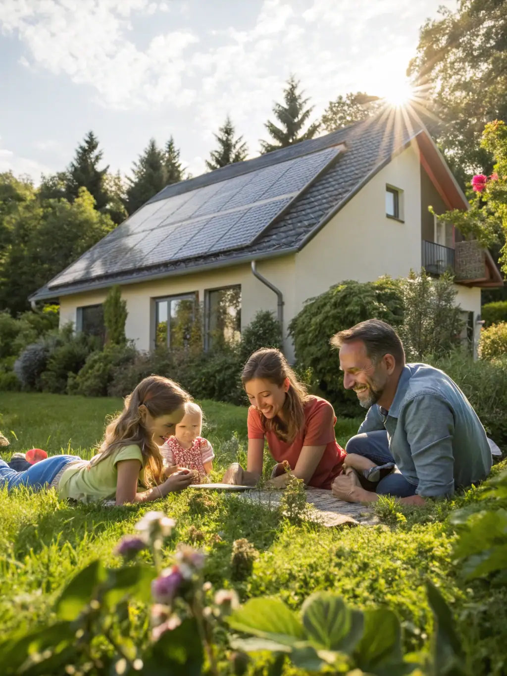 A family happily looking at their solar panels, symbolizing a sustainable future.