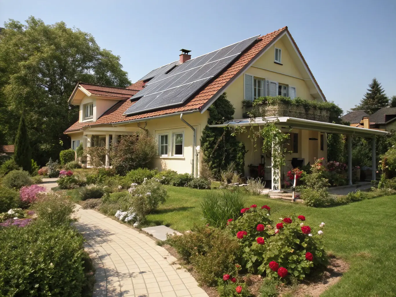 A residential house with a traditional pitched roof, equipped with seamlessly integrated solar panels, demonstrating aesthetic appeal and energy efficiency.