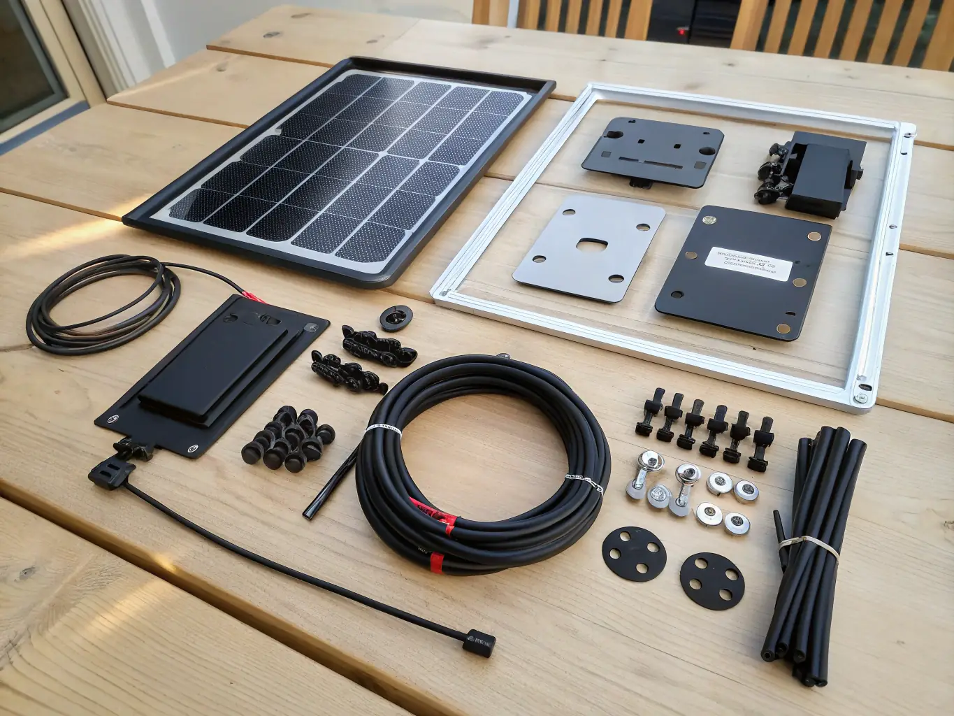 A close-up of various solar panel mounting systems and components, highlighting the adaptability and customization options available for different roof types.