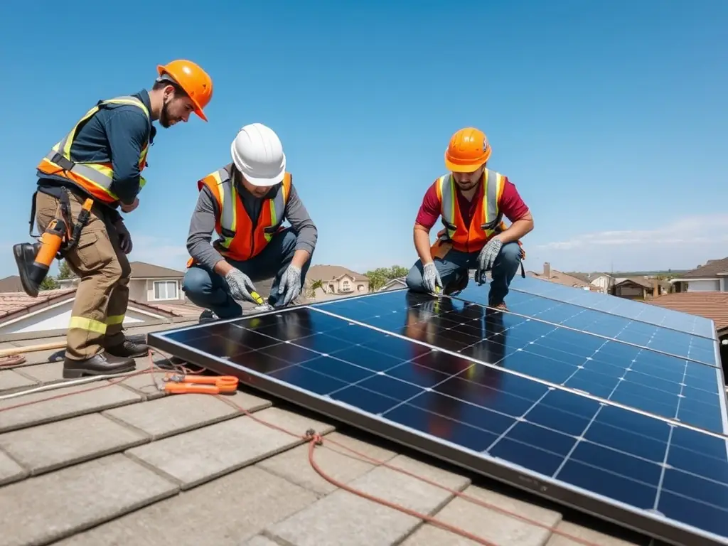 An image depicting CandelaSun's team installing solar panels on a residential rooftop, highlighting the precision and professionalism of the installation process.